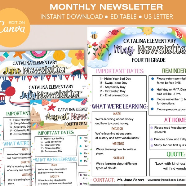 NEW May June July August Editable Classroom Newsletter Template, Seasonal Newsletter, Editable Canva, Spring and Summer Theme  2024 PTA News