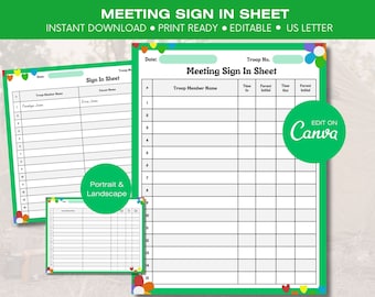 2024 Editable Girl Scout Meeting Sign In Sheet, Printable Troop Leader Attendance Log, Parent Name Time Tracker, Troop Meeting Agenda Bundle