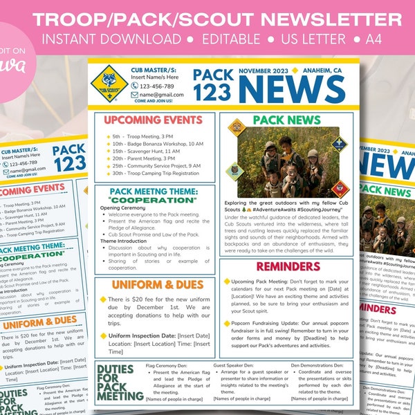 Cub Scout Pack Newsletter, Boy Scout Newsletter, Girl Scout Newsletter, Troop Newsletter, Event Newsletter, Parent Communication, Scouting