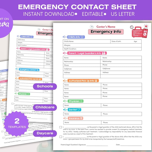 Emergency Contact Form for Daycares, Childcare, School Events, Preschools, and More. Secure Your Child's Safety with Daycare Emergency Sheet