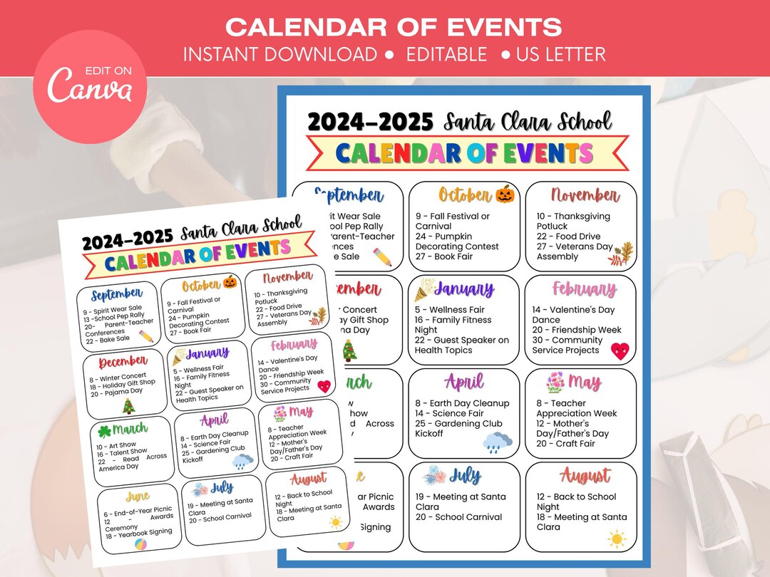 Calendar of events 2024 2025, year school events, troop calendar, school  calendar of events, club events, church school calendar, pta pto - etsy
