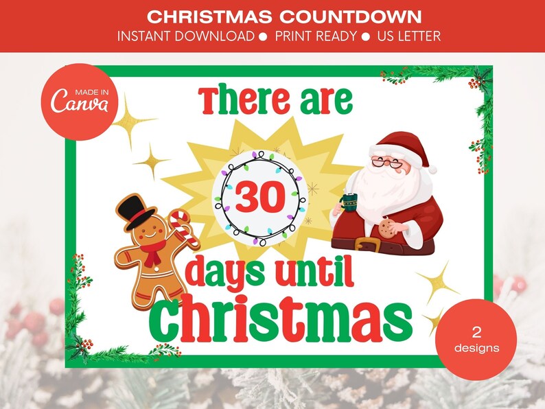 Printable Countdown Christmas Countdown Till Christmas Etsy