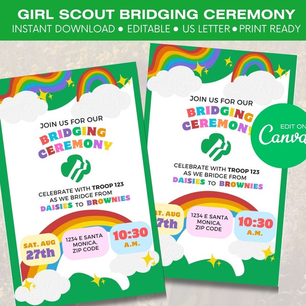 2024 Girl Scouts Bridging Ceremony Invitation Digital Printable Editable Customized Scout Invitation Troop Bridging Rainbow Daisies Brownies