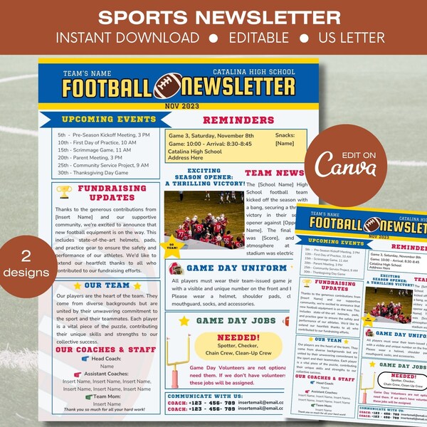 Modèle de newsletter de football modifiable, modèle de newsletter sportive, newsletter de football de lycée, actualités de football, dépliant d’événement de football