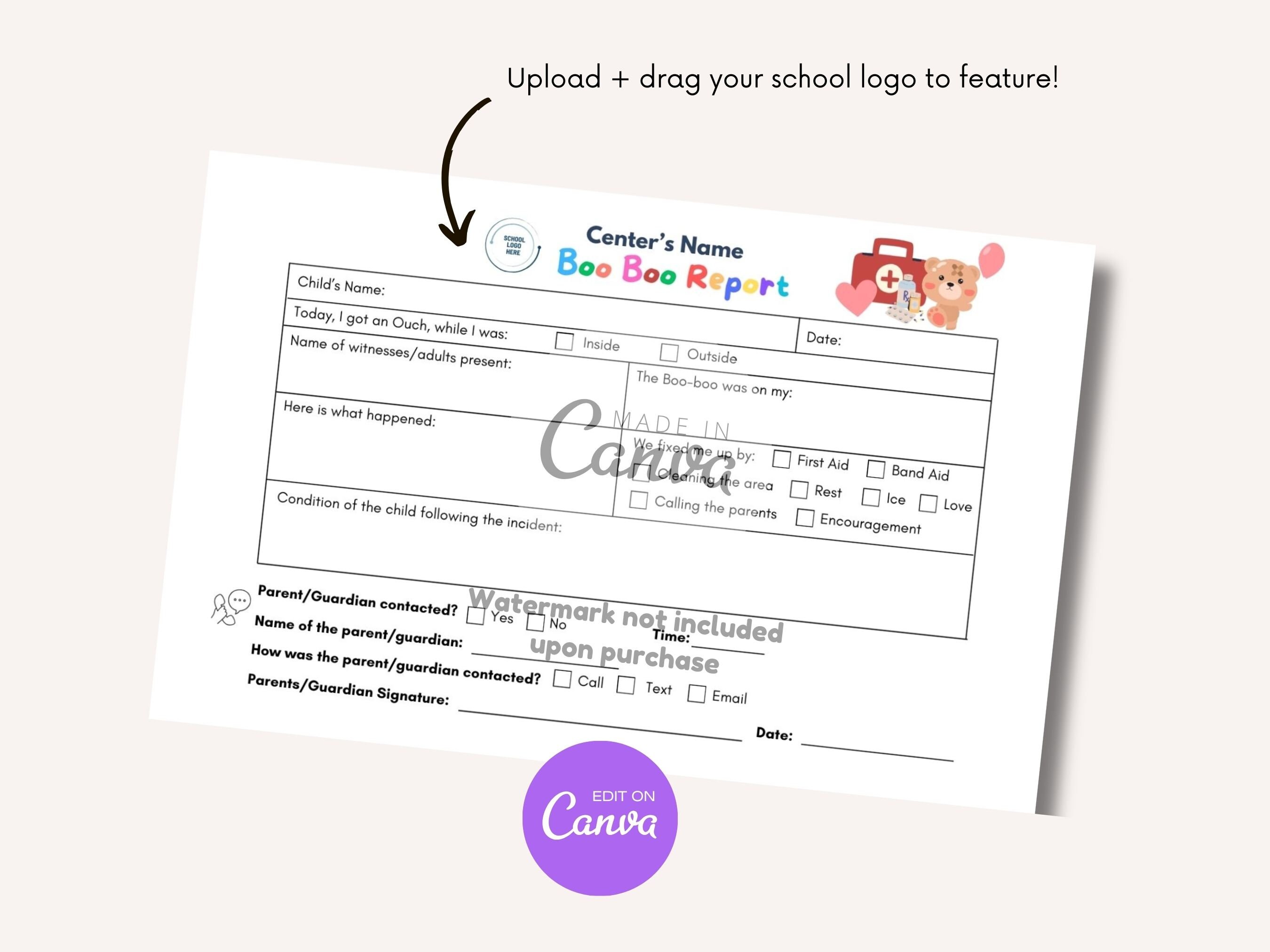 Daycare Boo Boo Report Form Incident Report Form Accident Ouch Report ...
