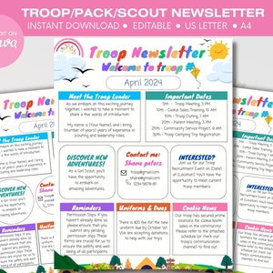 Troop Newsletter Template, Girl Scout Newsletter, Cub Scout Template Boy Scout Pack Newsletter, Editable Canva Classroom Event Brownie Daisy