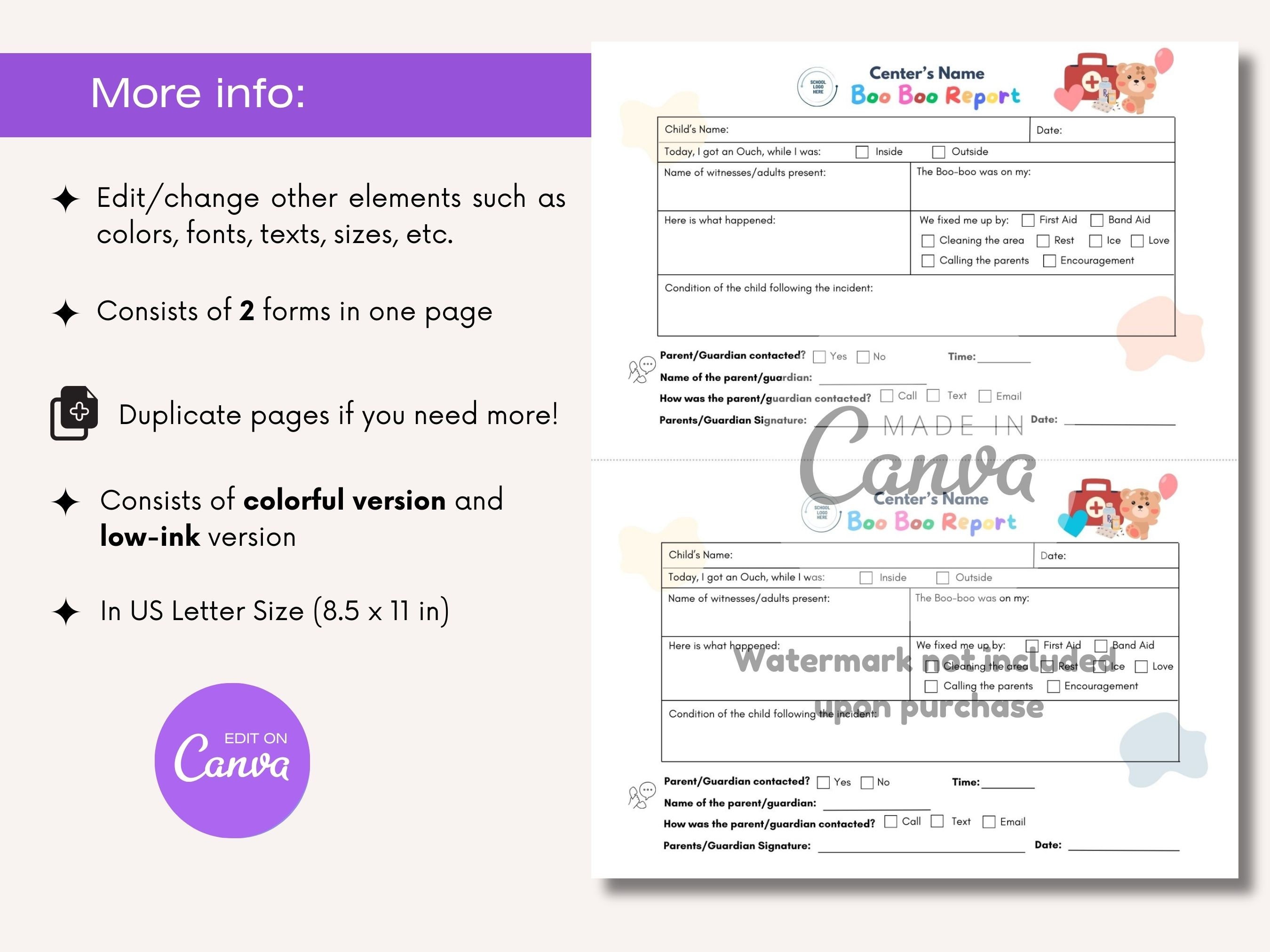 Daycare Boo Boo Report Form Incident Report Form Accident Ouch Report ...