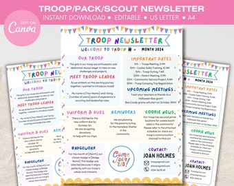 Girl Scout Newsletter, Cub Scout Scout Newsletter, Troop Newsletter, Editable Newsletter Template, Parent Communication Party Theme