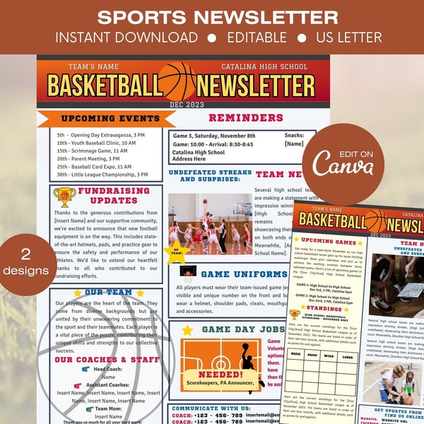 Modèle de lettre d'information de basket-ball modifiable, Modèle de lettre d'information sur le sport, Lettre d'information sur le basket-ball pour les jeunes, Flyer de l'événement de basket-ball, Actualités du basket-ball