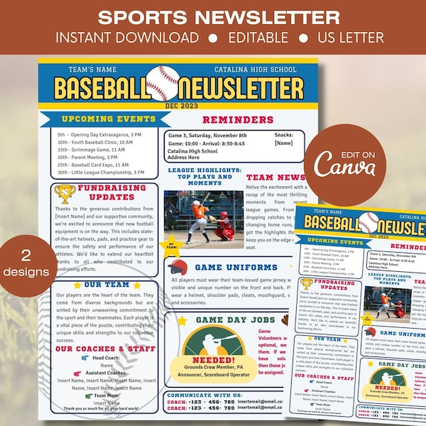 Editable Baseball Newsletter Template, Sports Newsletter Template, Youth Baseball Newsletter, School Baseball News, Baseball Event Flyer