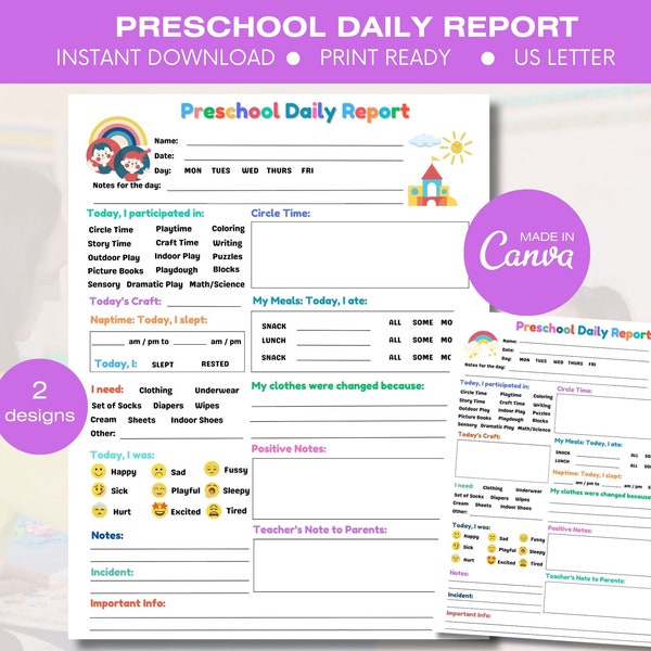 Preschool Daily Log Report Template, Children's Daily Log Report, Daily Daycare Log Report, Child Care Report, Parent Teacher Conference