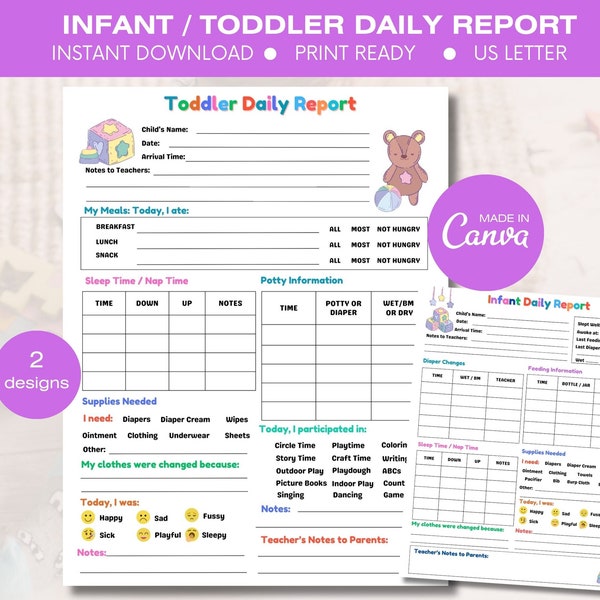 Toddler Daily Report, Daily Log For Daycare, Preschool, Nanny, Babysitter, Childcare Centre, Home Daycare, Infant Report, Daycare Reports