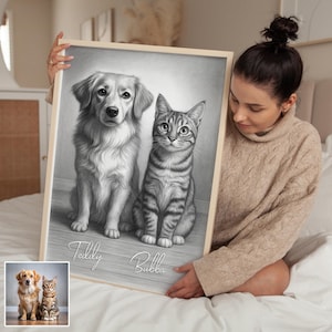 Personalisierte Haustier Bleistift Zeichnung, individuelle Hund & Katze Gedenkgeschenk, Hunde-Portrait-Skizze vom Foto, digitale Haustier in Kunst druckbare.