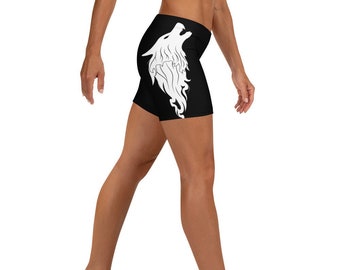 Fenrisúlfr Yoga Shorts, Viking/Norse/Nordic Fenrir Wolf Graphic Women&#39;s Short Leggings Yoga, Crossfit, Exercise Clothing (Black/White)