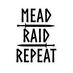 Può includere: Grafica in bianco e nero con il testo "Mead Raid Repeat" e due spade.