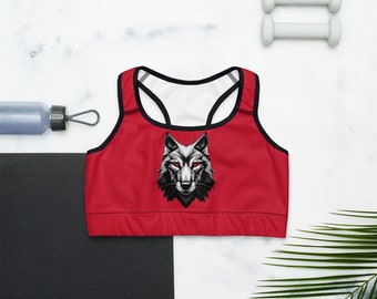 Fenrisúlfr Sports Top Viking/Norse/Nordic Fenrir Wolf Graphic Yoga, Crossfit, Exercise Clothing, Women's Gym Outfit, Support Bra (Red)
