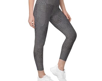 Chainmail Women&#39;s Pocket Leggings, Armor Pattern Workout Pants for Yoga, Crossfit, Exercise Clothing, Viking/Norse/Nordic Warrior Design