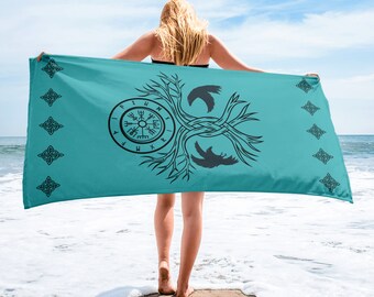 Raventree Beach/Pool Towel, Viking/Norse/Nordic Decorative Design, Premium Quality Yggdrasil Odins Ravens World Tree Runes Runic Vegvisir