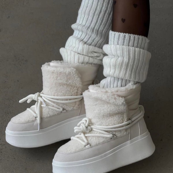 White cream crochet knit leg warmers