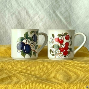 Vintage Fruit Mugs, Cherries and Plums, Japanese Stoneware, Set of Two