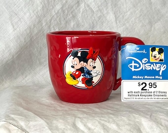 Vintage Disney Mug, Mickey & Minnie, Hallmark, Red with 3D Details, New with Tag