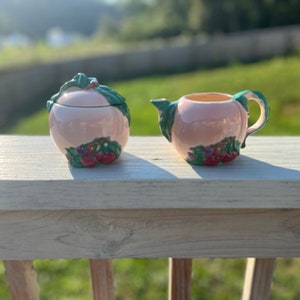 Vintage Peach-shaped Cream and Sugar Set with Fruit Detail, Hand-painted