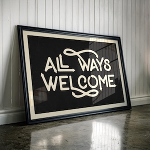 All Ways Welcome Matte Poster – Playful Hand-Drawn Arrows Design, Western Style Wall Art, Whimsical Black and White Typography Print