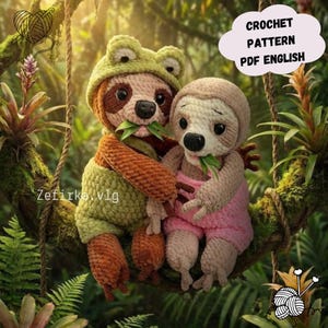 Pode incluir: Duas bonecas de bicho-preguiça de crochê estão sentadas em um galho coberto de musgo, cercadas por vegetação exuberante. Uma usa um chapéu de sapo e uma roupa verde, a outra uma roupa rosa. Ambas seguram folhas verdes. Inclui o texto "CROCHET PATTERN PDF ENGLISH".
