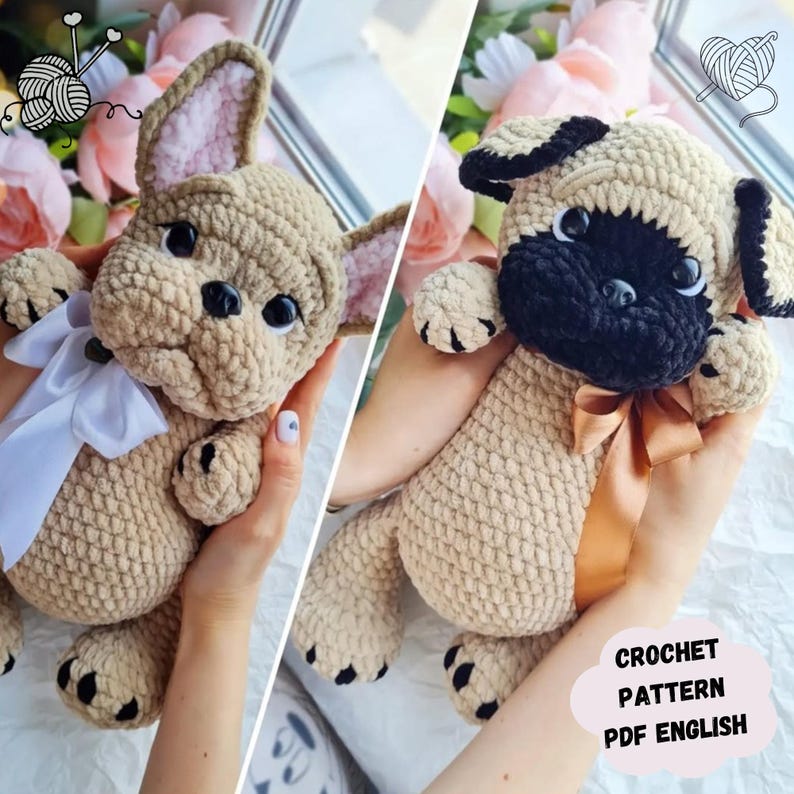 May include: Crochet pattern for a beige pug and a beige French bulldog. The pattern is in PDF format and is written in English. CROCHET PATTERN PDF ENGLISH