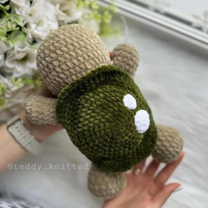 May include: A crocheted turtle plush toy with a green shell and beige body. The shell has two white circles on the back.