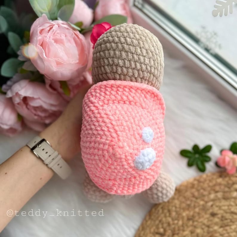 May include: A crocheted turtle toy with a pink shell and white spots. The turtle is made with soft yarn and has a beige head.