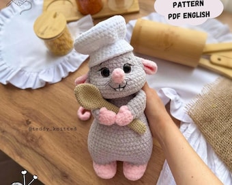 Schema per realizzare all'uncinetto il topo cuoco: un peluche amigurumi facile da realizzare (schema in PDF in inglese)