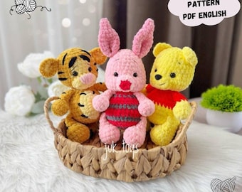 3-in-1 Winnie the Pooh, Piglet, and Tiger Crochet Pattern: Easy Plush Amigurumi Toy (PDF English)