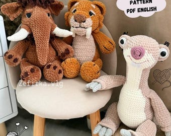 3-in-1 Tiger, Sid and Mammoth Crochet Pattern: Easy Plush Amigurumi Animal Toy (PDF English)