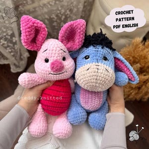 May include: Crochet pattern PDF in English for making a pink pig and a blue donkey plush toy. The pattern is available for download.