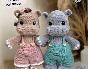 Hippo Crochet Pattern: Hippopotamus Plush Amigurumi Toy Rick and Tia (PDF Pattern English)