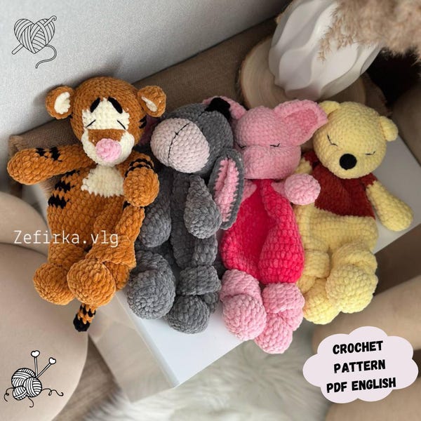 Couette Amigurumi 4 en 1 au crochet, Winnie l'ourson, porcelet, âne et tigre (PDF anglais)