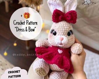 Haakpatroon konijn: pluche amigurumi-speelgoed + jurk en strik (Engelstalig pdf-patroon)