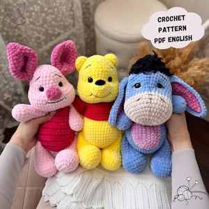 3 in 1 Winnie the Pooh, Piglet and Donkey Crochet Pattern, Winnie the Pooh Amigurumi,Piglet Amigurumi, Donkey Amigurumi, Animal Toy crochet