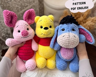 3-in-1 Winnie the Pooh, Piglet and Donkey Crochet Pattern Plush Amigurumi Toy (PDF Pattern English)