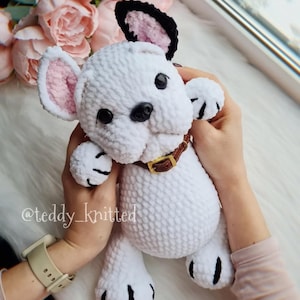 May include: White crocheted French bulldog plush toy with black ears and nose, pink inside ears, and black paw details. The toy is wearing a brown leather collar with a gold buckle. The toy is being held by a person's hands. The text "@teddy_knitted" is visible in the bottom left corner of the image.