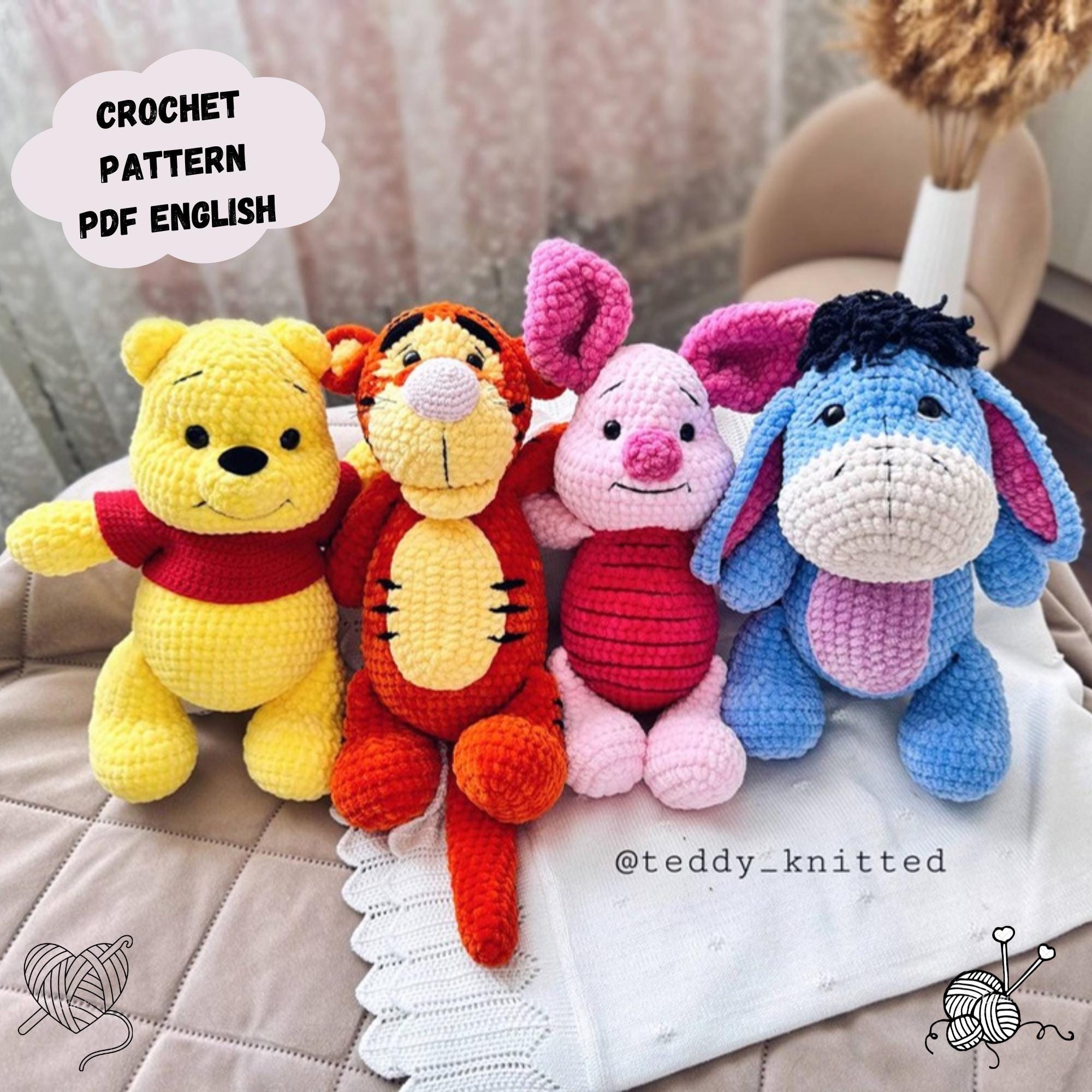 4 in 1 Winnie the Pooh, Piglet, Donkey and Tiger Crochet Pattern, Winnie the Pooh Amigurumi, Piglet Pattern toy, Donkey and Tiger Amigurumi