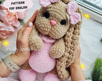 Hase Häkelanleitung: Amigurumi Plüschtier mit Schleife (PDF Anleitung englisch)