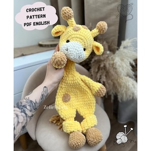 May include: Crochet pattern for a yellow and brown giraffe amigurumi toy. The pattern is available in PDF format and is written in English.