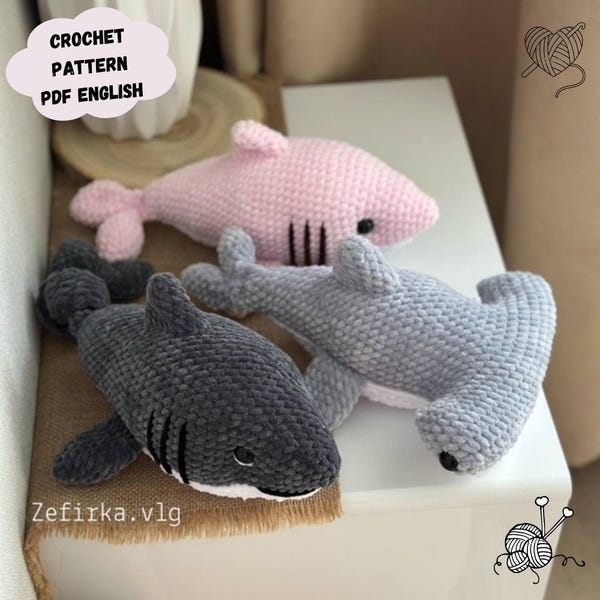 Patrón de tiburón a crochet, Tiburón de peluche fácil, juguete amigurumi (Patrón en PDF en inglés)