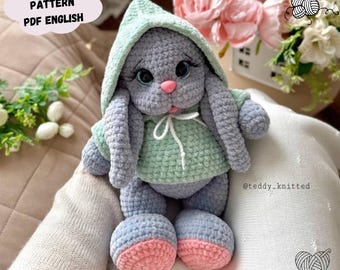Wzór na szydełkową bluzę z kapturem: Króliczek amigurumi, pluszowa zabawka (wzór PDF w języku angielskim)