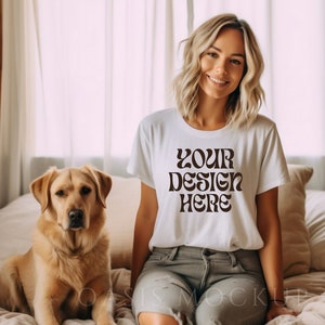 Dog Mom Mockup, Dog Shirt Mockup, White Bella Canvas 3001 Mockup, Pet Mockup, Model Mockup, Mockup with Dog, Bella Canvas White Shirt, Shirt