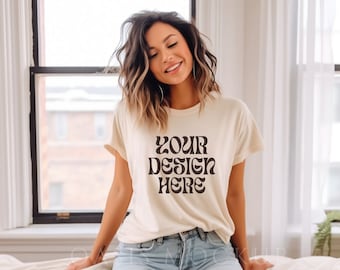 Bella Canvas 3001 Mockup Soft Cream, Model Mockup, Bella Canvas Shirt, Boho Mockup, Mockup Tshirt, Shirt Mockup, Spring Summer Tshirt Mockup