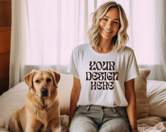 Dog Mom Mockup, Dog Shirt Mockup, White Bella Canvas 3001 Mockup, Pet Mockup, Model Mockup, Mockup with Dog, Bella Canvas White Shirt, Shirt