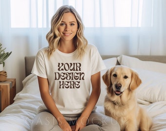 Dog Mom Mockup, White Bella Canvas 3001 Mockup, Shirt Mockup, Dog Shirt Mockup, Lifestyle Mockup, Bella Canvas White Shirt, Mockup With Dog